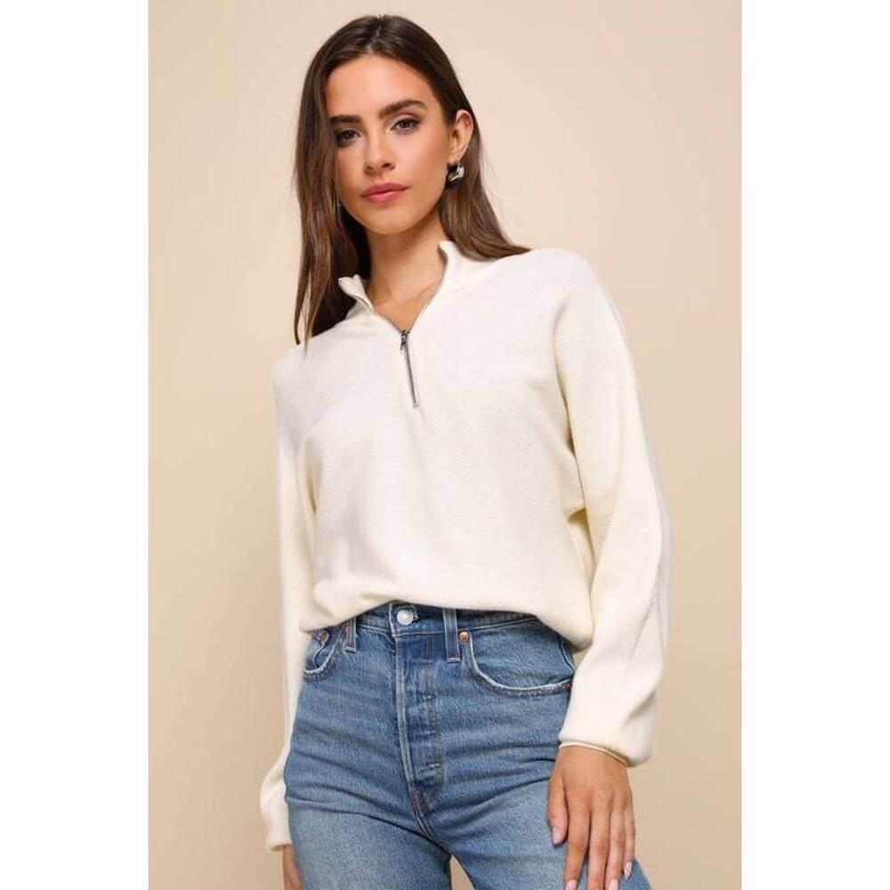 Lulus Ivory Ribbed Quarter-zip Pullover Sweater White - Size M